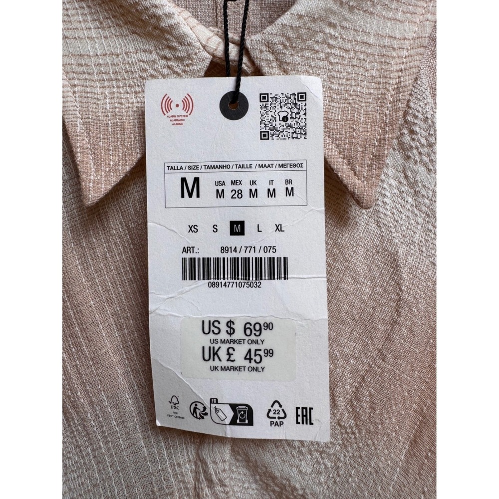 Zara Beige Textured Ruched Button Down Shirt Top Gauze Coastal Cotton Blend M - Picture 9 of 13